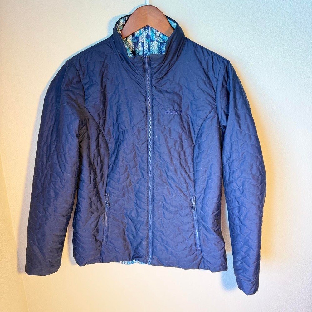Marmot Womens Reversible Quilted Full Zip Jacket Blue Geometric Navy Medium